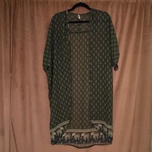 LIVE 4 TRUTH Sheer KIMONO COVER UP KAFTAN TOP Olive Green  Elephant Trim Size M
